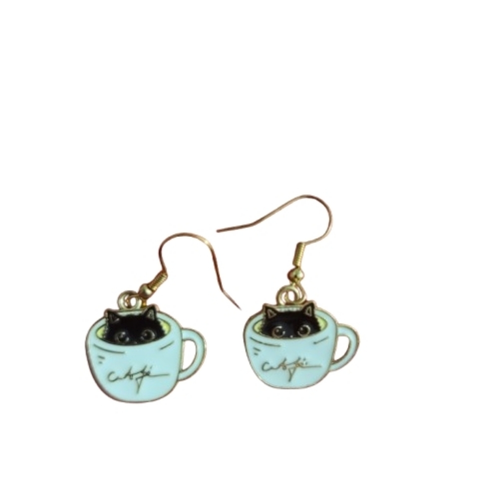 Cat in Cup Earrings - Black Cat